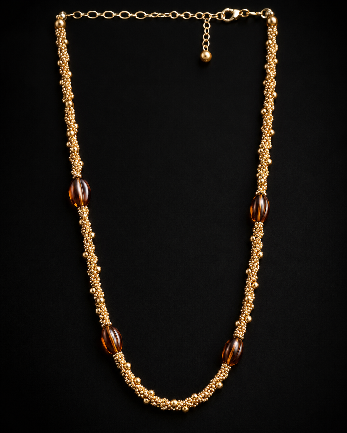Gold Tone Beaded Necklace with Amber Accent Beads