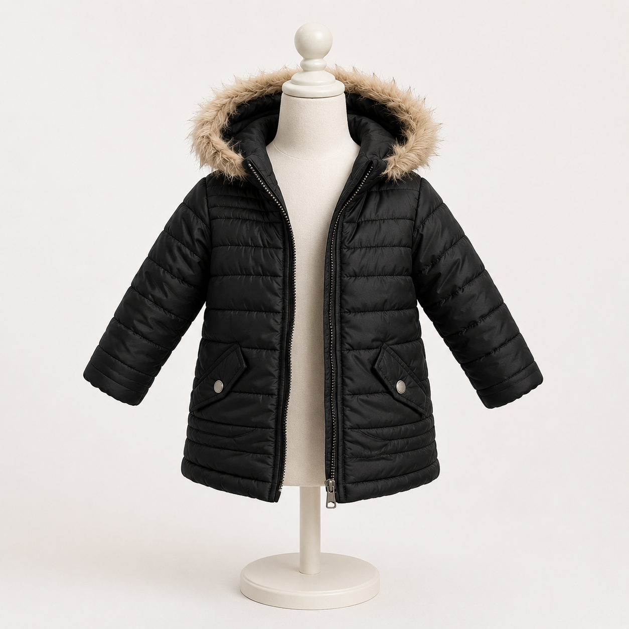 Girls Faux Fur Trim Puffer Jacket