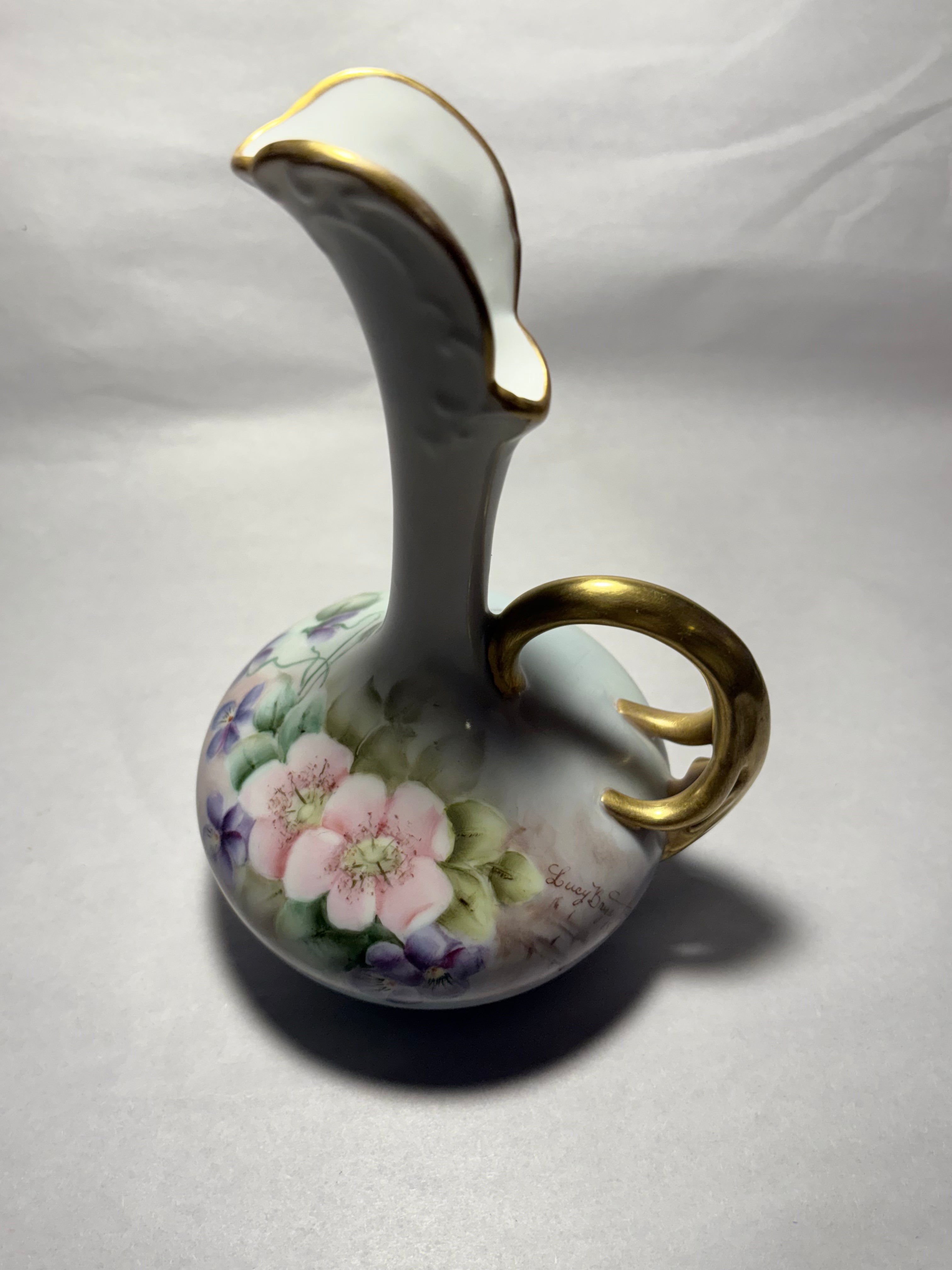 Vintage Floral Porcelain Vase with Gold Handle