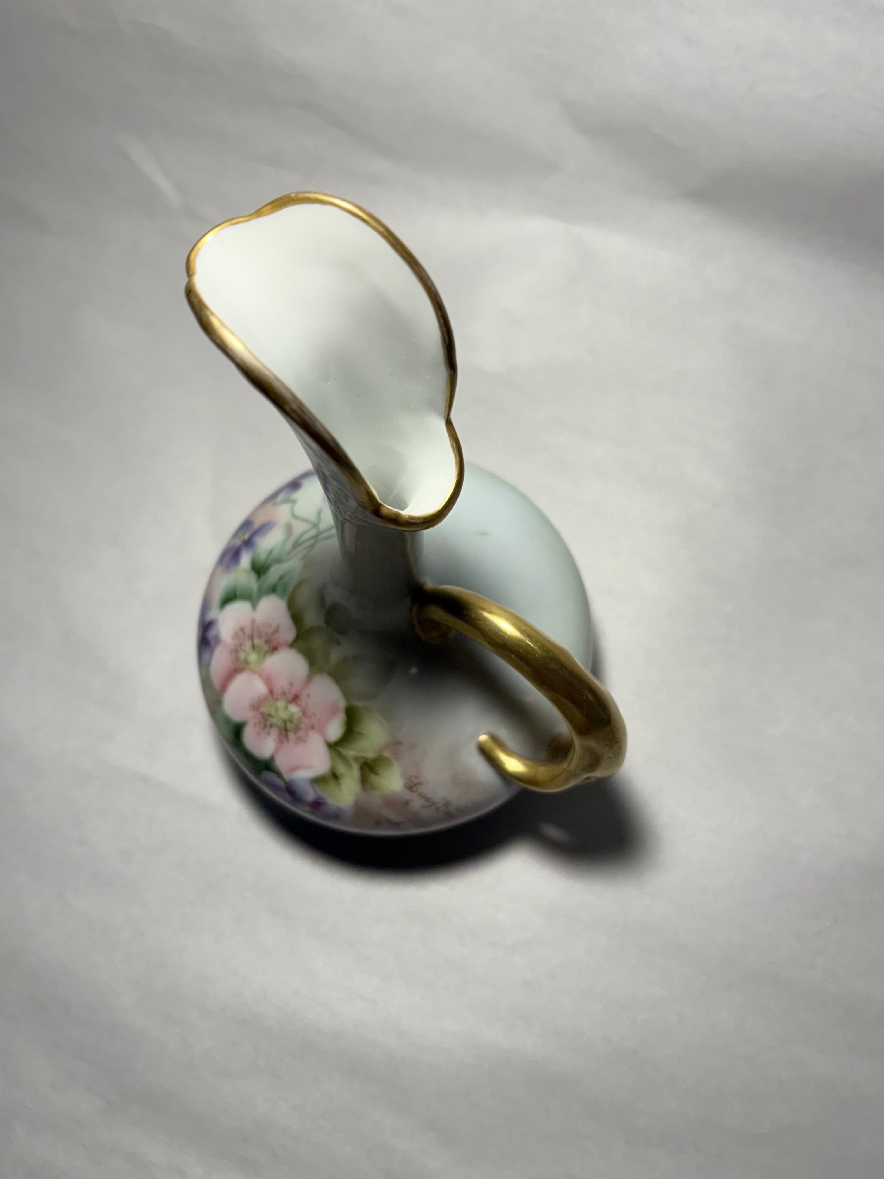 Vintage Floral Porcelain Vase with Gold Handle