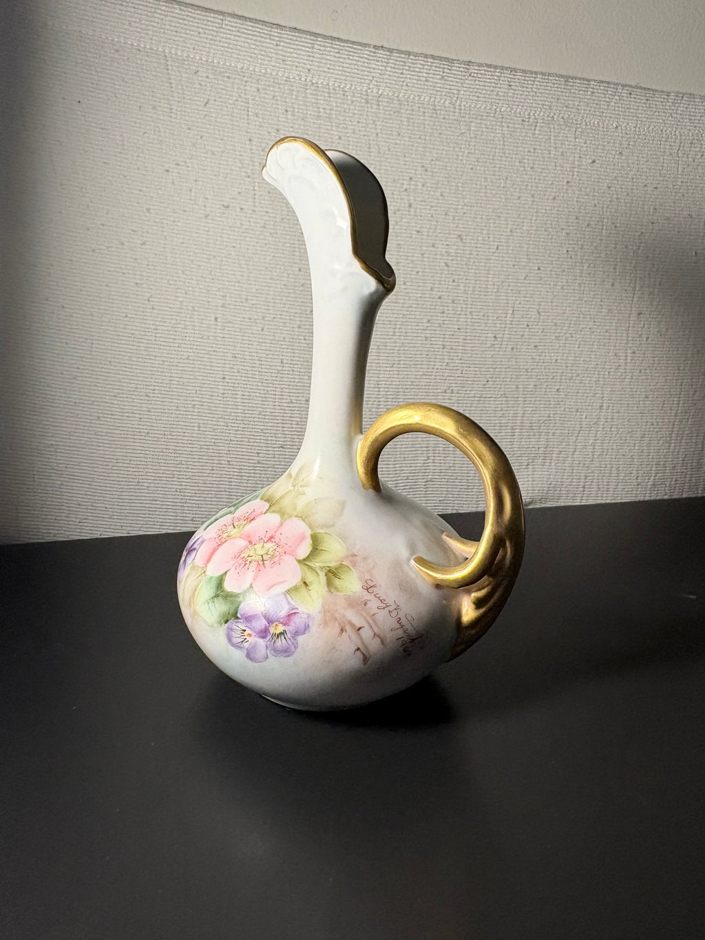 Vintage Floral Porcelain Vase with Gold Handle