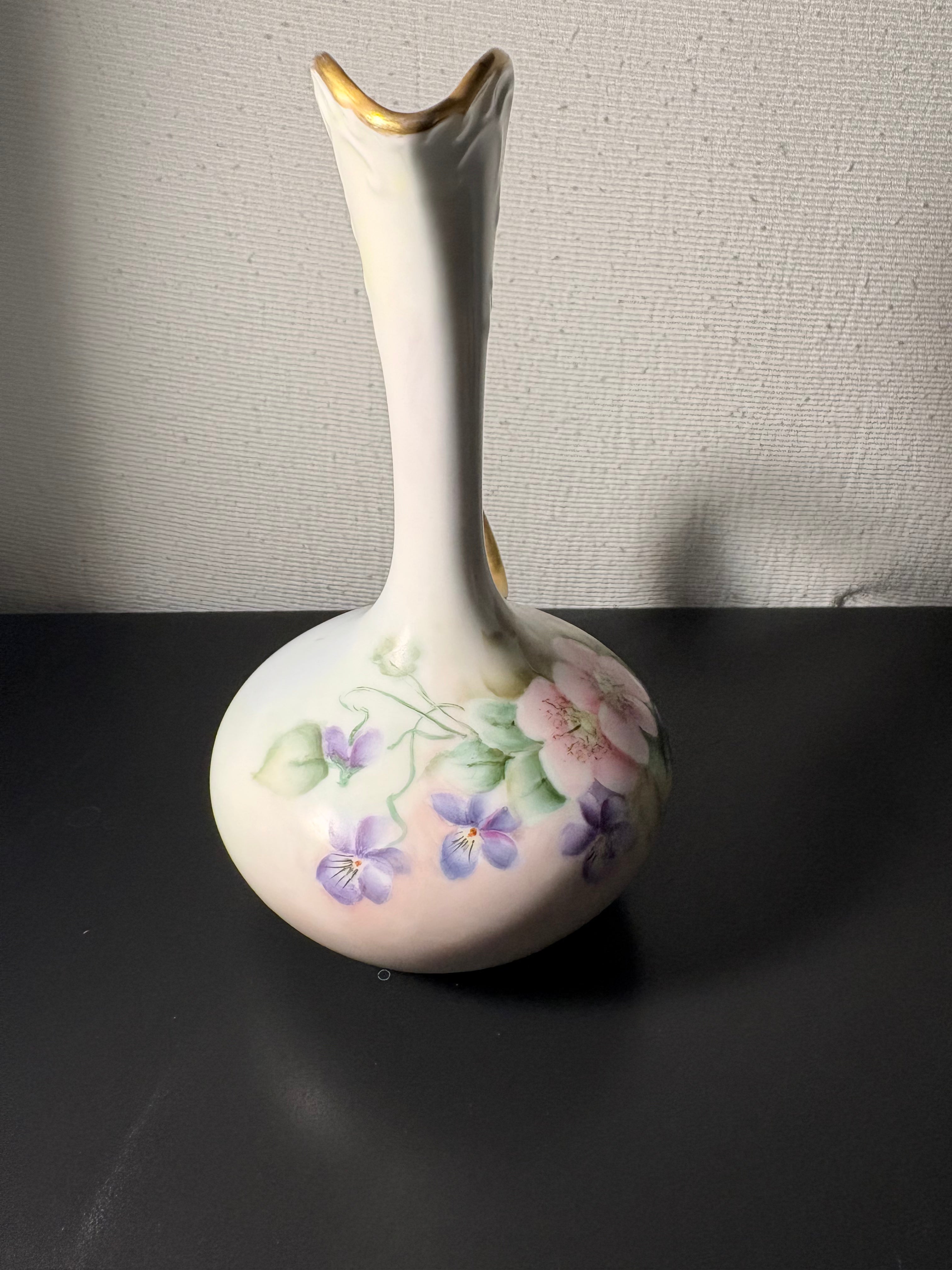 Vintage Floral Porcelain Vase with Gold Handle