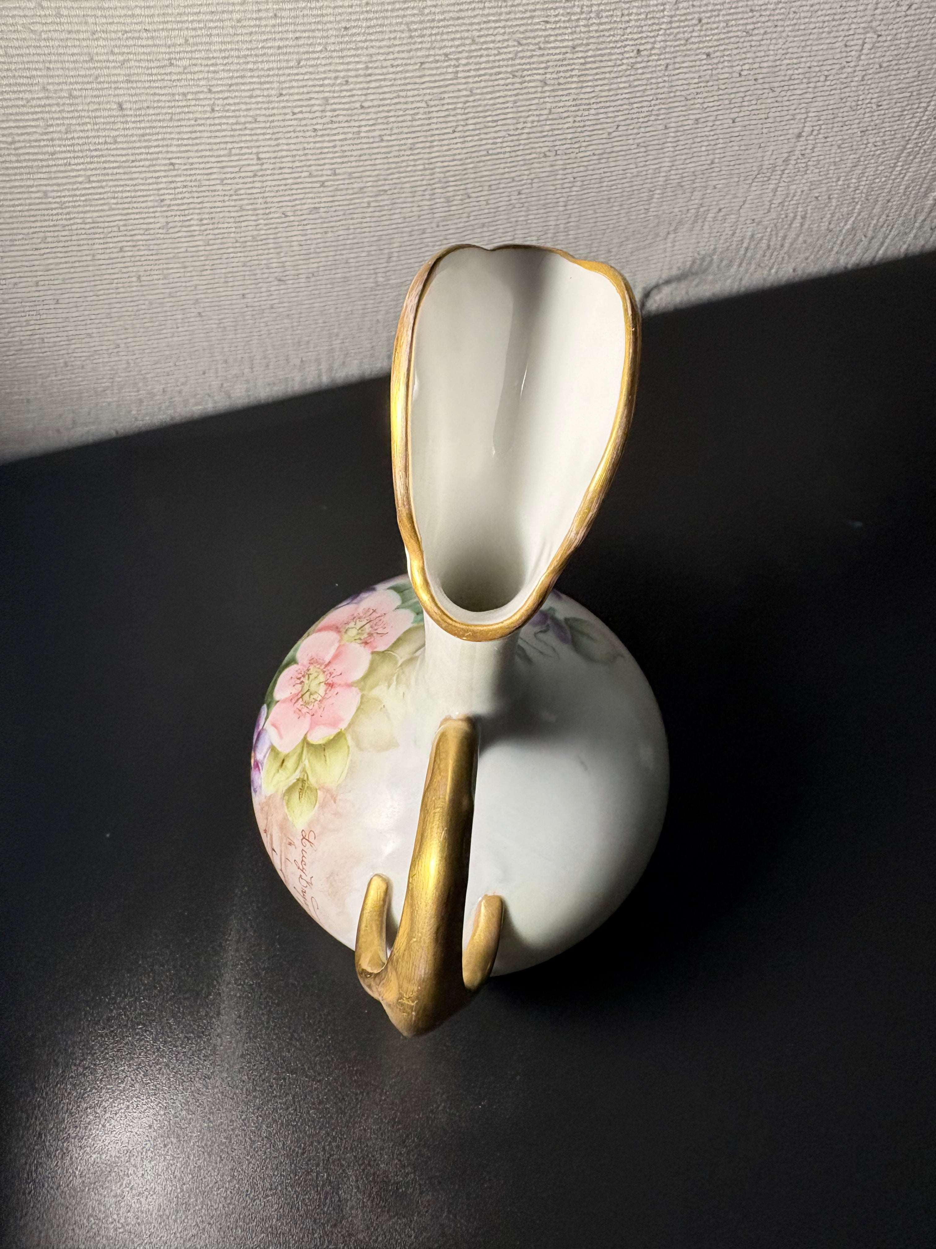 Vintage Floral Porcelain Vase with Gold Handle